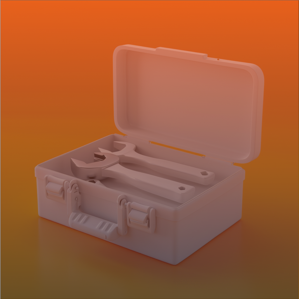 3D-rendered toolbox with wrenches representing curated tools and resources for productivity and entrepreneurship, by Grayson Mylar. Frameworks for personal and professional development.